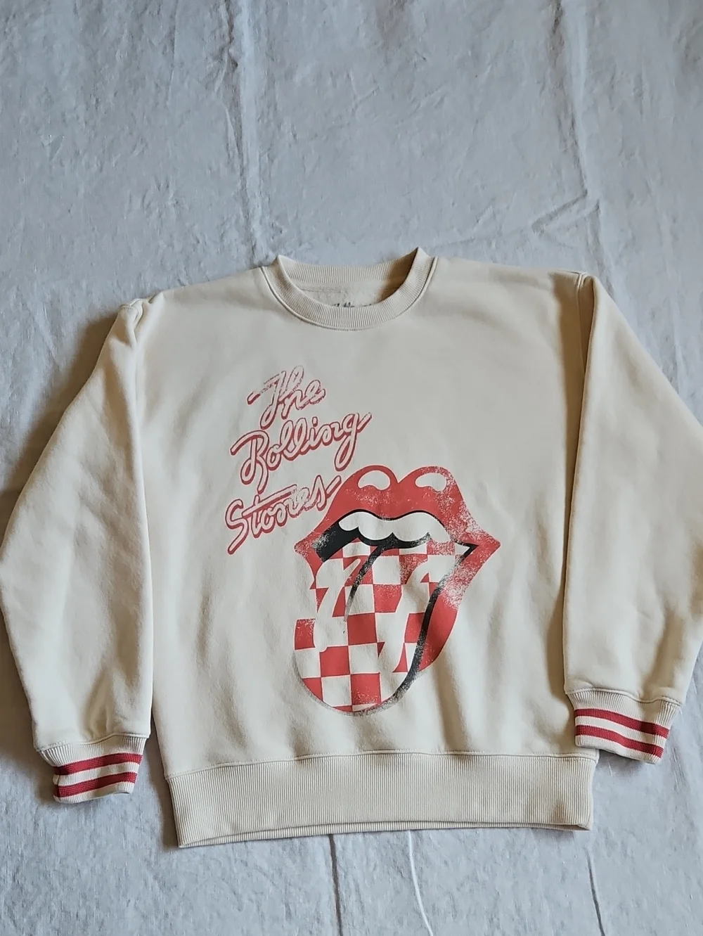 The Rolling Stones Cream Sweatshirt with TheTongue And Red Lips Logo Size Medium